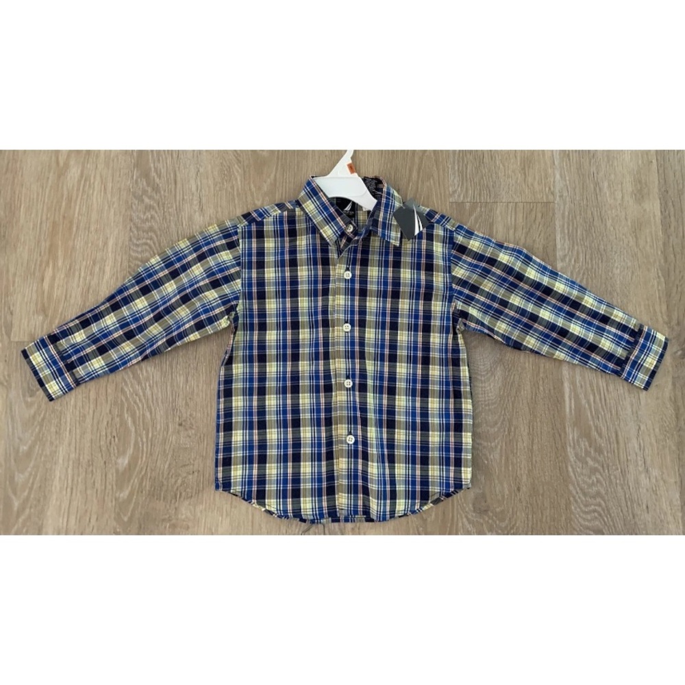 (NWT) Nautica Boy’s Size 3T Navy & Yellow Plaid Long Sleeve Button Down Shirt